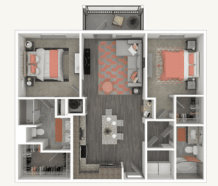 Floor plan for 2 beds, 2 baths, 1079 sqft